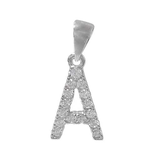 A sterling silver initial charm with cubic zirconia stones, in the shape of the letter 'A'.