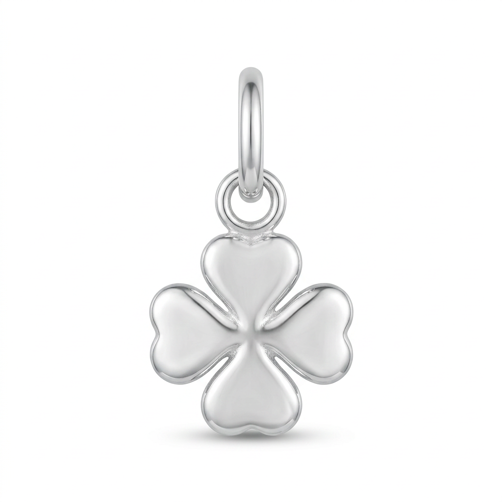 A polished silver four-leaf clover charm pendant with a smooth, reflective finish and a top loop, shown on a clean white background.