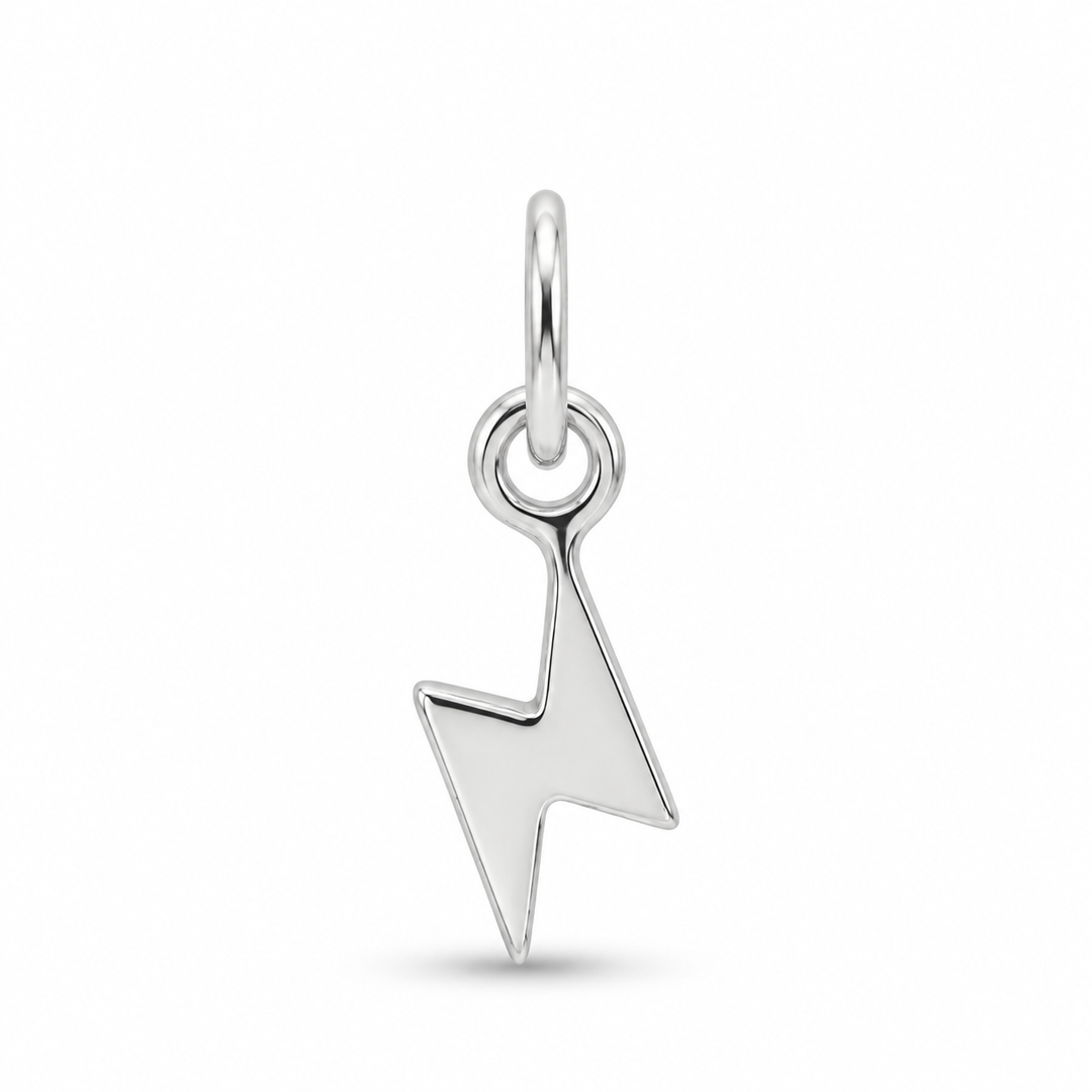 A polished sterling silver lightning bolt charm with a top loop, shown on a clean white background.