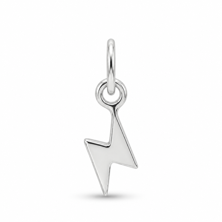 A polished sterling silver lightning bolt charm with a top loop, shown on a clean white background.