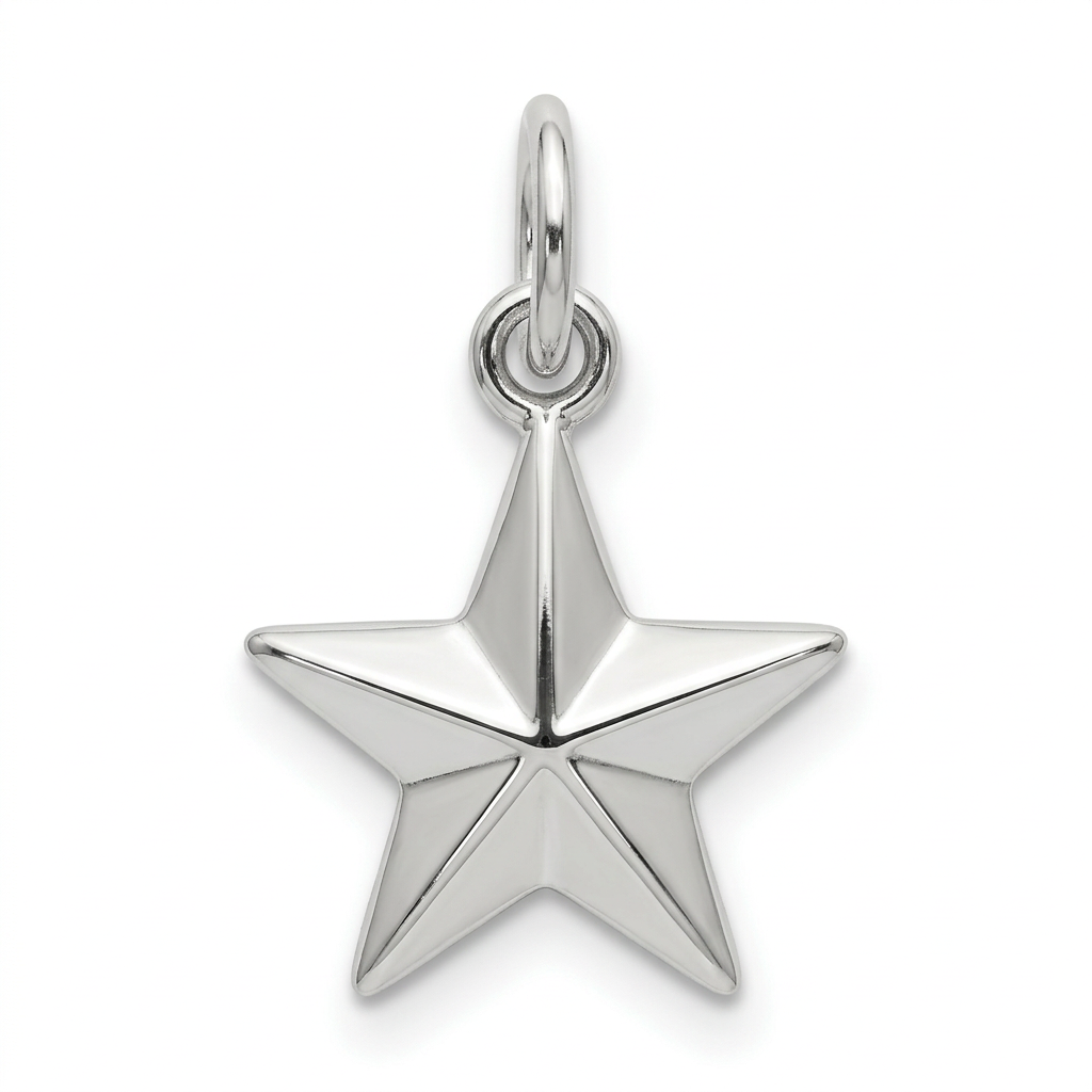 A polished sterling silver five-pointed star charm with a smooth, reflective finish and a top loop, shown on a clean white background.