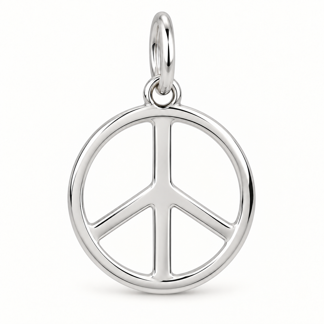 Sterling silver circular peace sign charm with an open design and attachment ring.