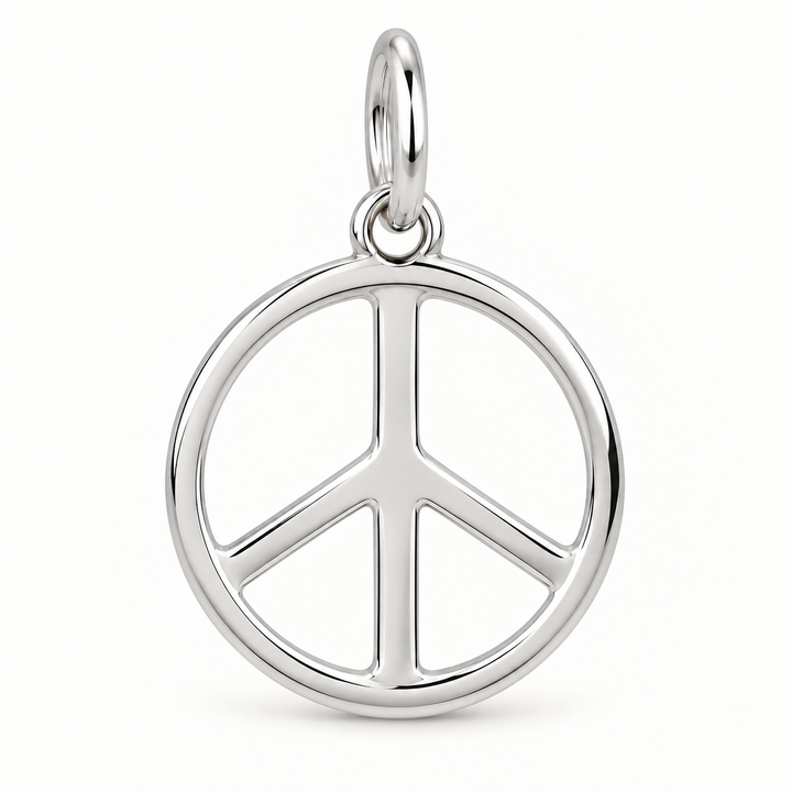 Sterling silver circular peace sign charm with an open design and attachment ring.