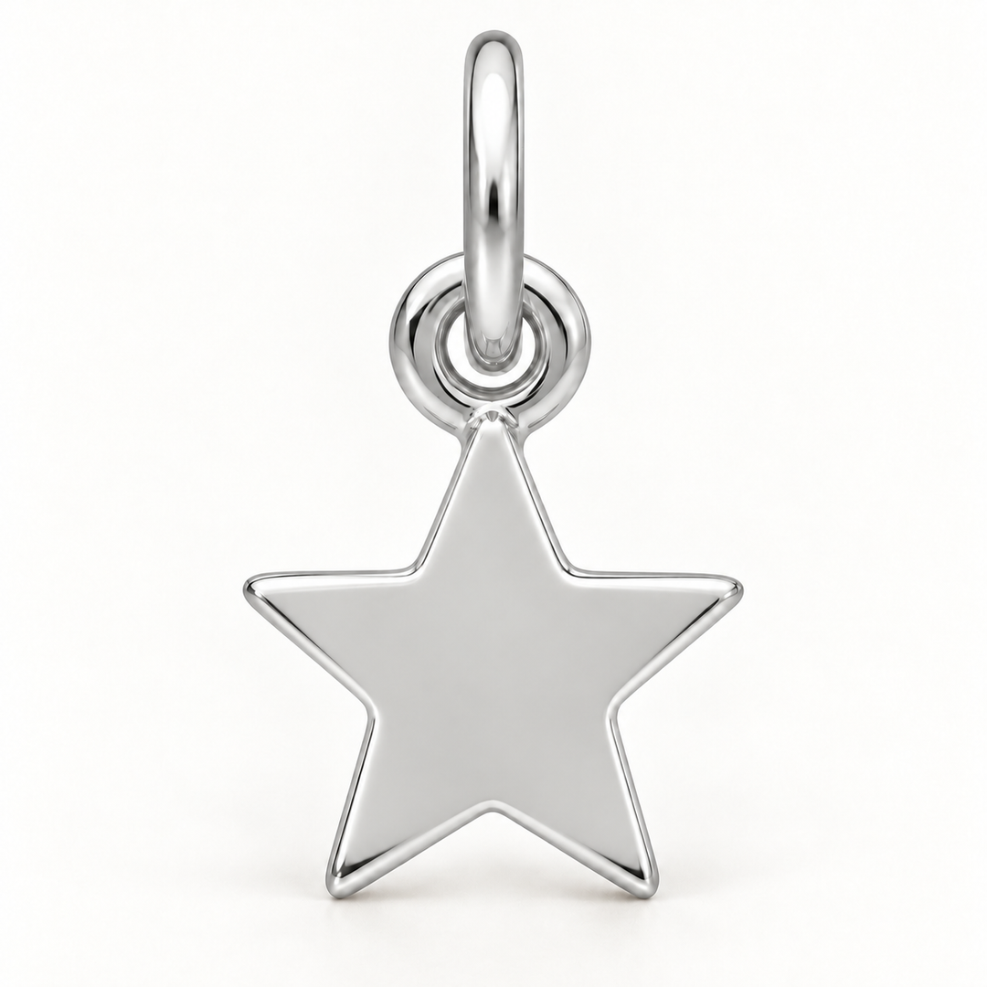 Sterling silver five-point star charm with a smooth surface and attached jump ring.