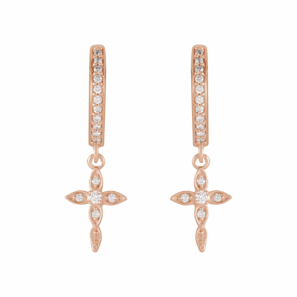 14k Gold Diamond Cross Hoop Earrings