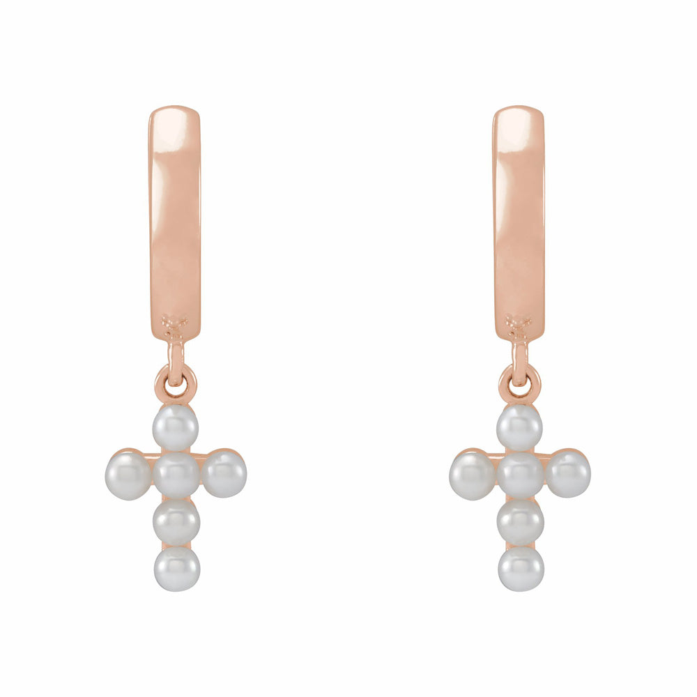 14k Gold Cultured White Seed Pearl Cross Hoop Earrings