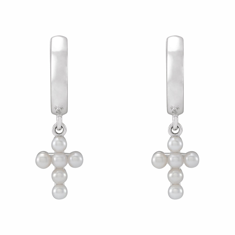 Sterling Silver Cultured White Seed Pearl Cross Hoop Earrings