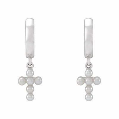 Sterling Silver Cultured White Seed Pearl Cross Hoop Earrings