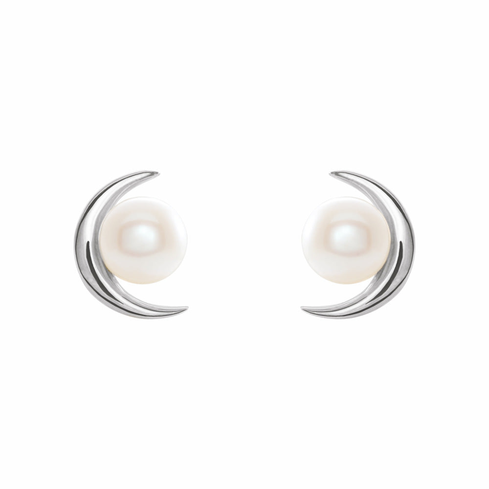 14k Gold Pearl Crescent Moon Earrings