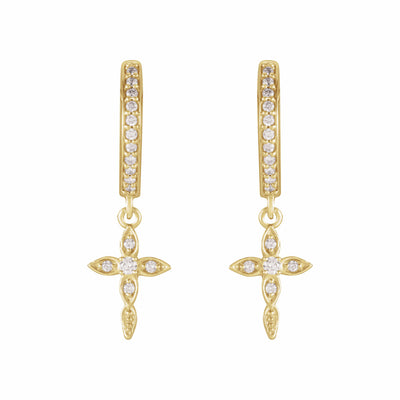 14k Gold Diamond Cross Hoop Earrings