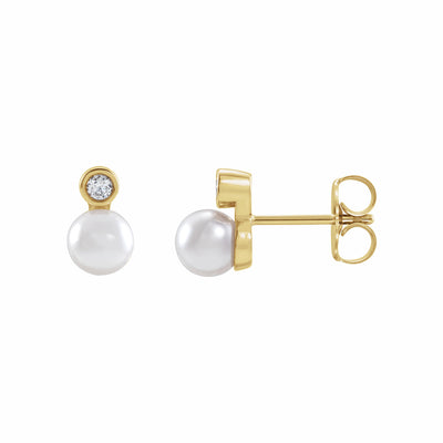 14k Gold Cultured Akoya Pearl & Natural Diamond Earrings