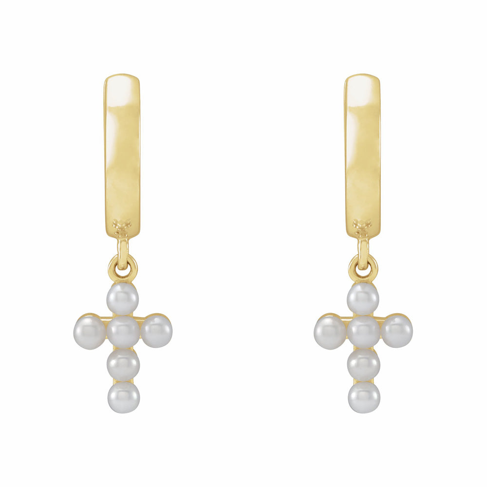 14k Gold Cultured White Seed Pearl Cross Hoop Earrings