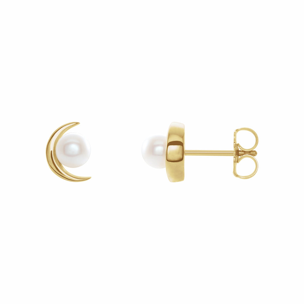 14k Gold Pearl Crescent Moon Earrings