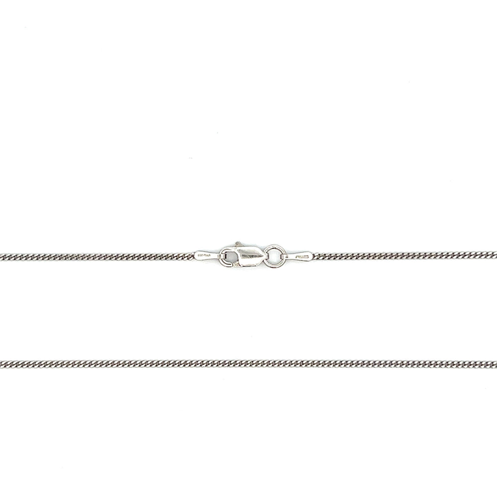 Fine 1.2mm sterling silver diamond-cut curb chain with rhodium plating and a lobster clasp.