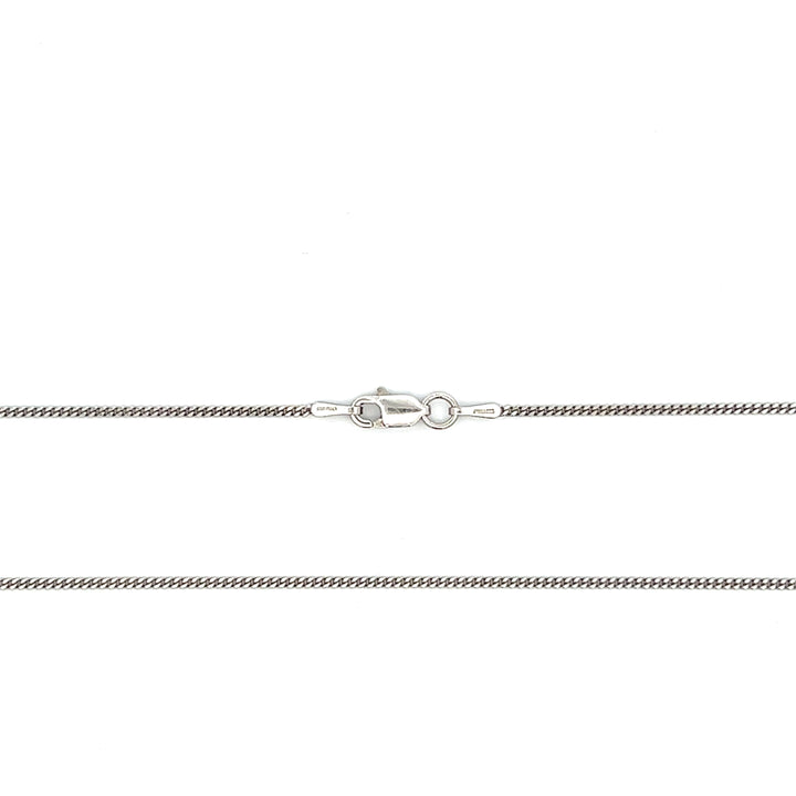 Fine 1.2mm sterling silver diamond-cut curb chain with rhodium plating and a lobster clasp.