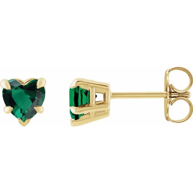 14K Gold Stud Earrings with Lab-Grown Emerald Hearts