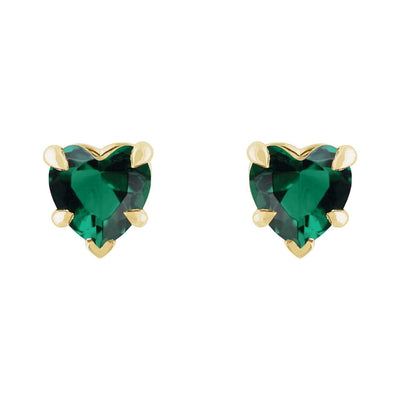 14K Gold Stud Earrings with Lab-Grown Emerald Hearts