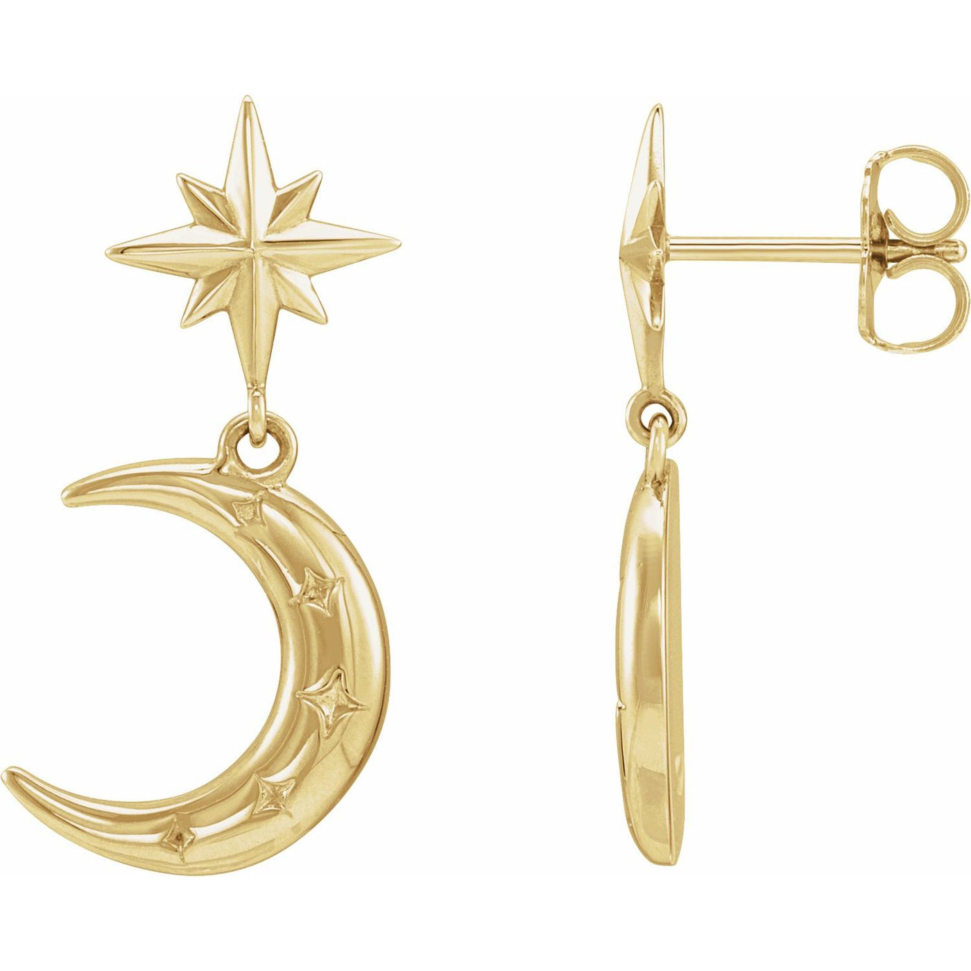 14k Gold Crescent Moon and Starburst Dangle Stud Earrings
