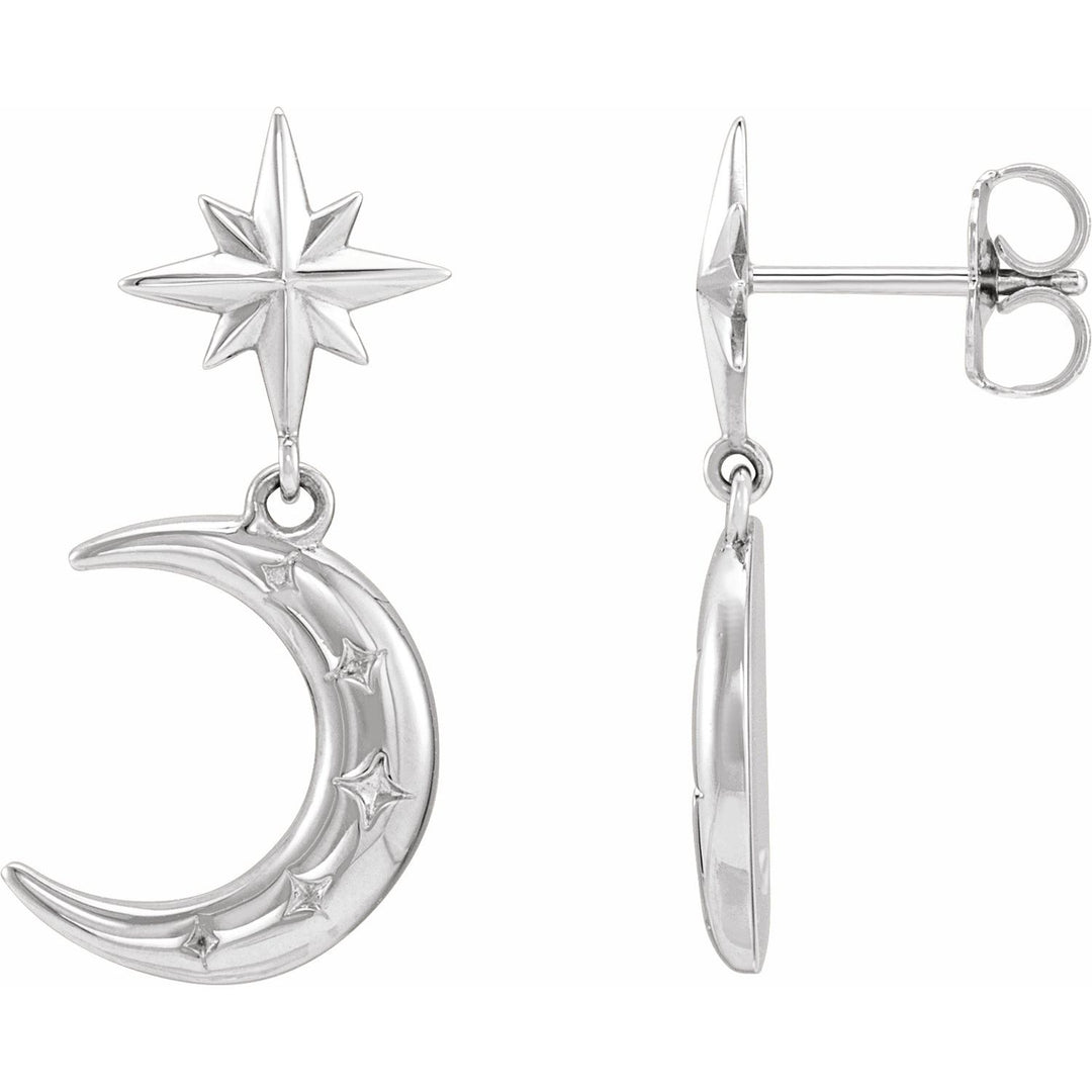 14k Gold Crescent Moon and Starburst Dangle Stud Earrings