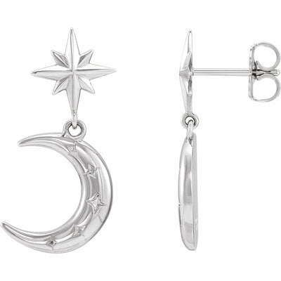 Sterling Silver Crescent Moon and Starburst Dangle Stud Earrings