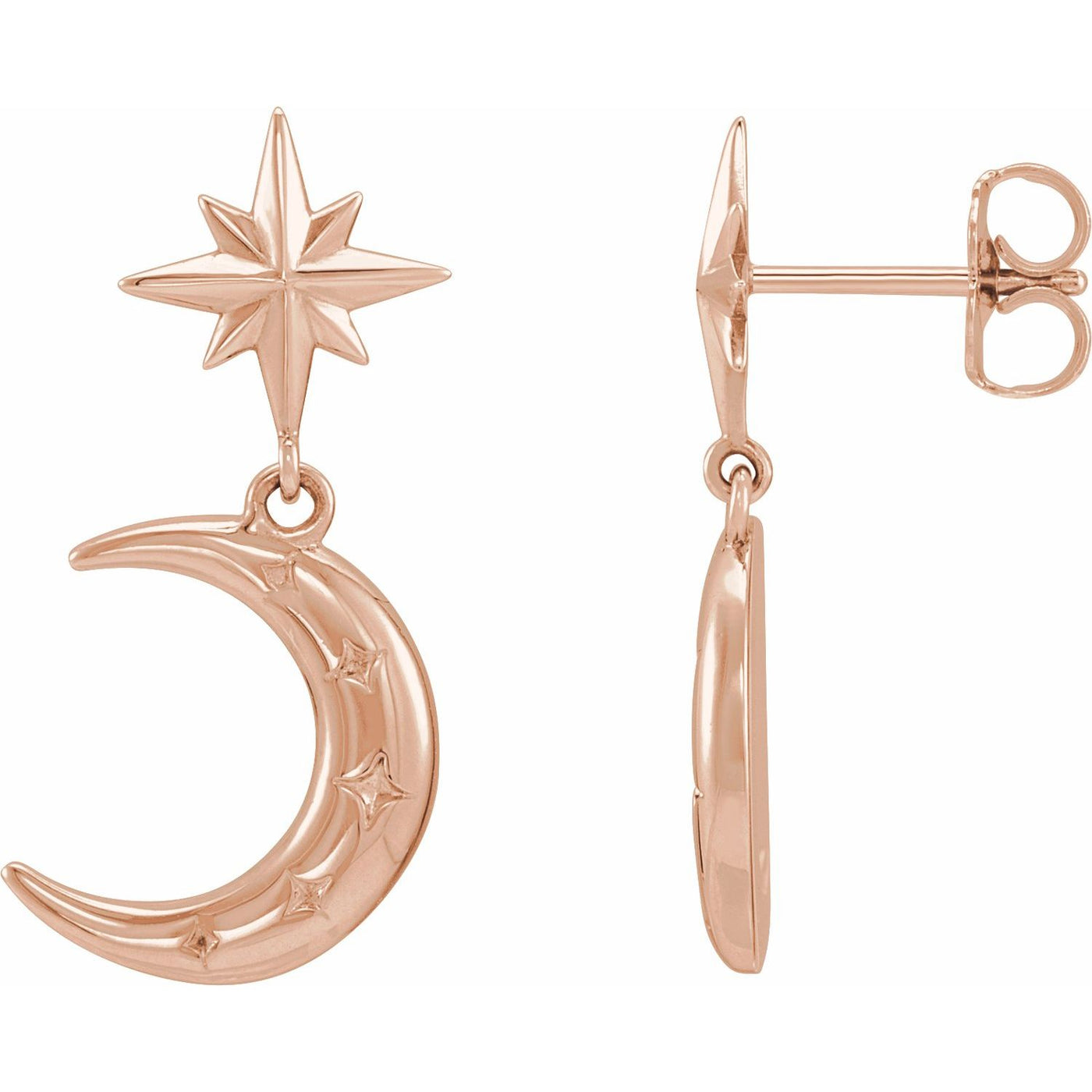 14k Gold Crescent Moon and Starburst Dangle Stud Earrings