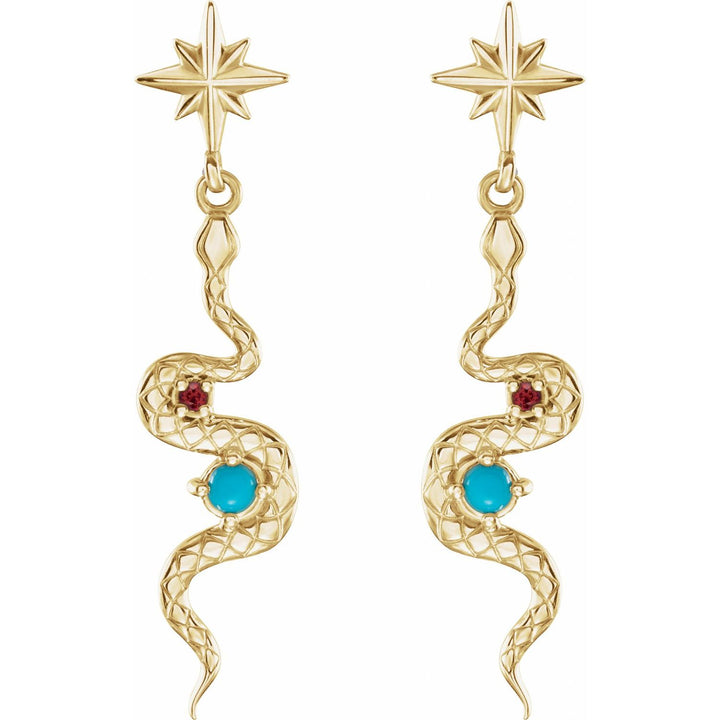 14k Gold Turquoise & Ruby Snake Earrings