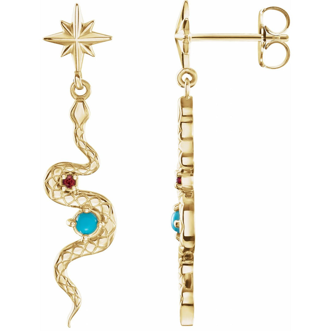 14k Gold Turquoise & Ruby Snake Earrings