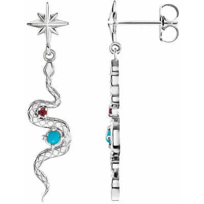 Sterling Silver Turquoise & Ruby Snake Earrings