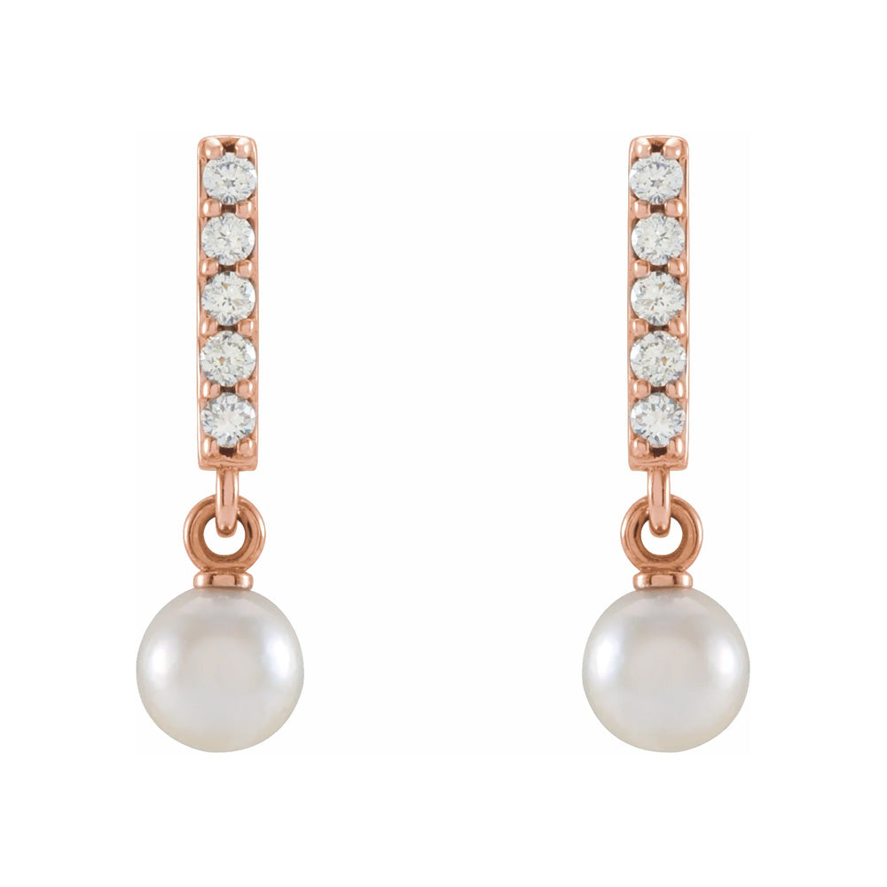 14k Gold Cultured Akoya Pearl & Diamond Bar Earrings