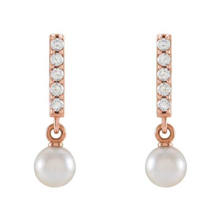 14k Gold Cultured Akoya Pearl & Diamond Bar Earrings