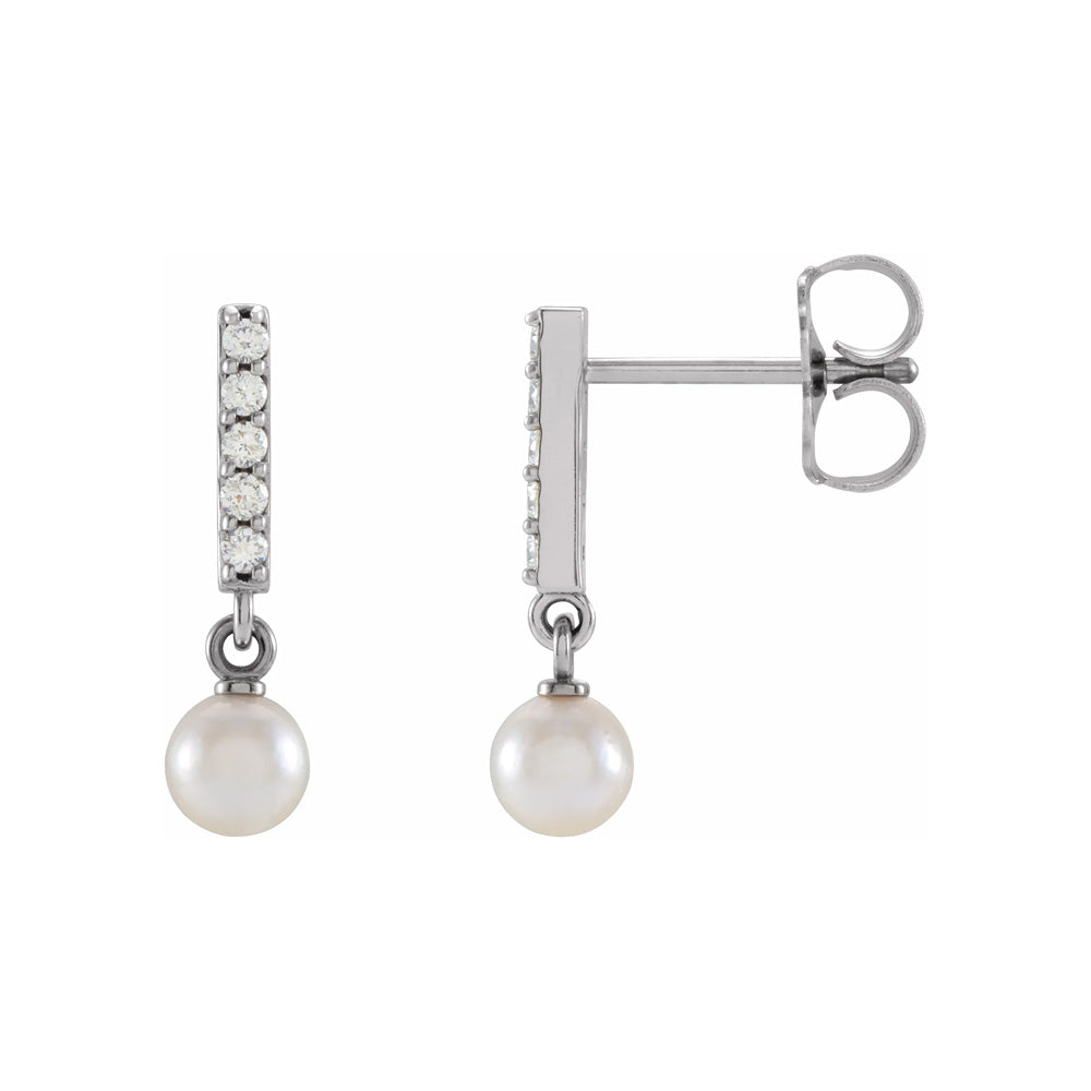 14k Gold Cultured Akoya Pearl & Diamond Bar Earrings