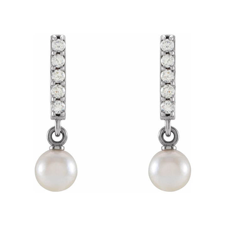 14k Gold Cultured Akoya Pearl & Diamond Bar Earrings