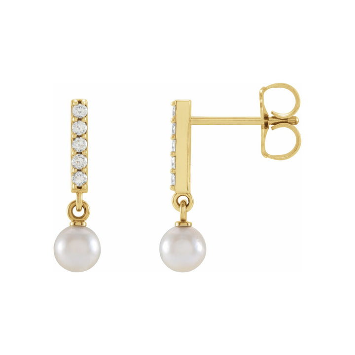 14k Gold Cultured Akoya Pearl & Diamond Bar Earrings