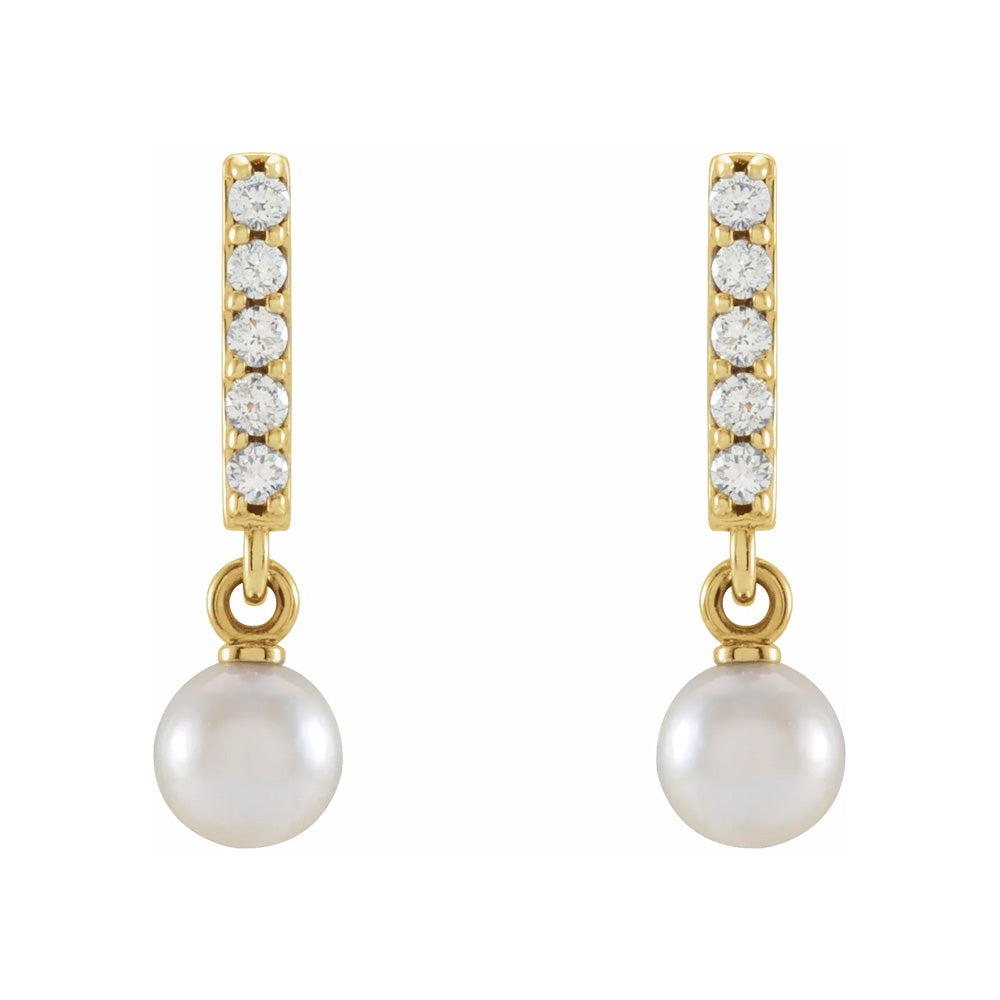 14k Gold Cultured Akoya Pearl & Diamond Bar Earrings