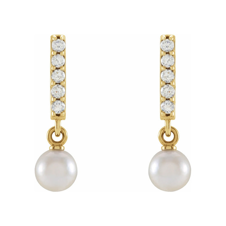 14k Gold Cultured Akoya Pearl & Diamond Bar Earrings