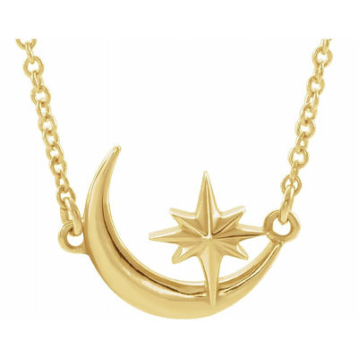 14k Gold Crescent Moon & Star Necklace
