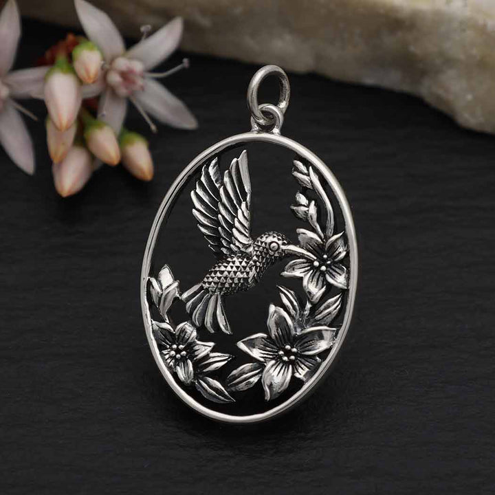 Sterling Silver Flowers and Hummingbird Pendant 29x18mm