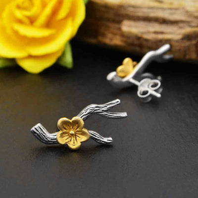 Mixed Metal Branch Earrings with Bronze Blossom 11x18mm