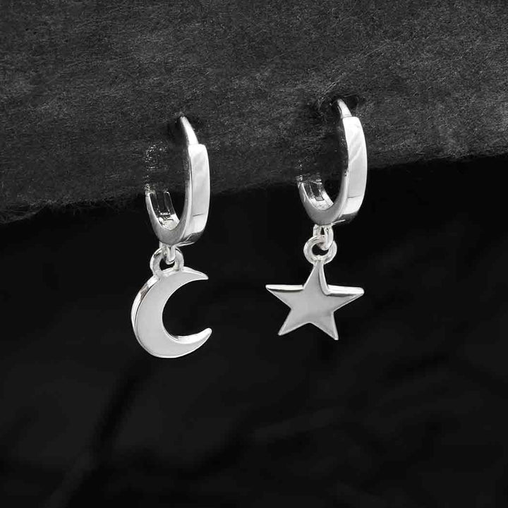 Sterling Silver Star and Moon Huggie Hoop Earrings