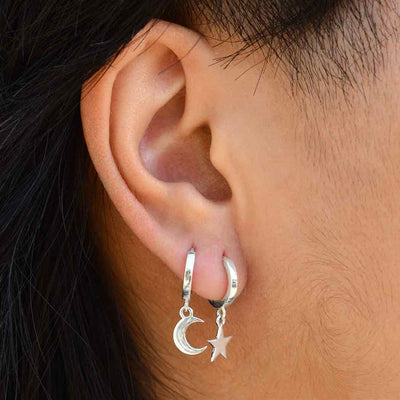 Sterling Silver Star and Moon Huggie Hoop Earrings