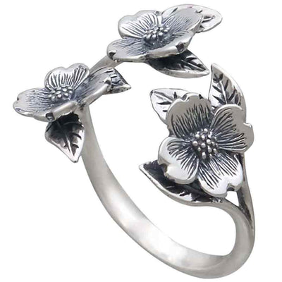 Sterling Silver Adjustable Dogwood Flower and Leaf Ring