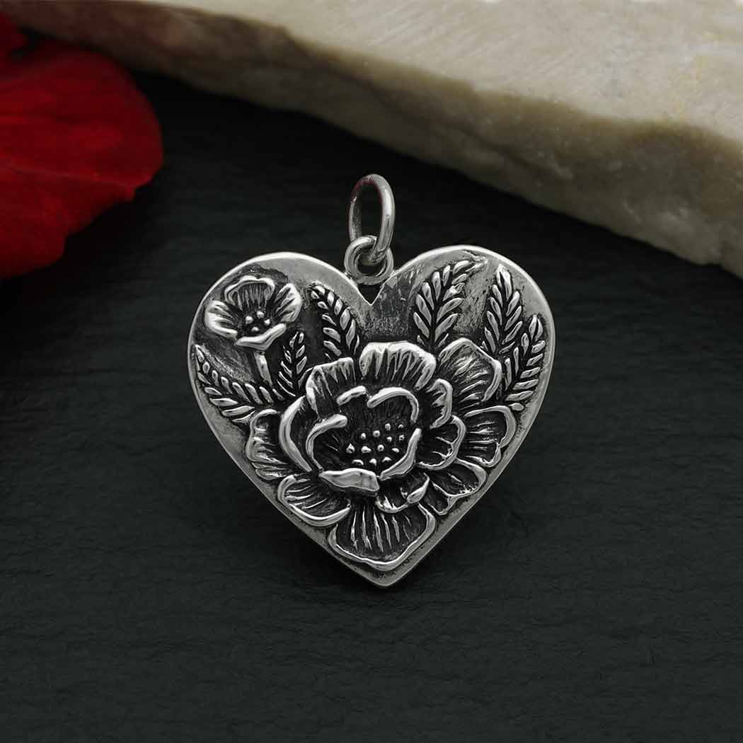 Sterling Silver Heart Pendant with Peony Flowers 23x20mm