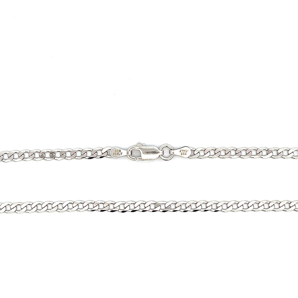 Close-up of 3.1mm wide sterling silver curb chain with antiqued rhodium plating and a lobster clasp.