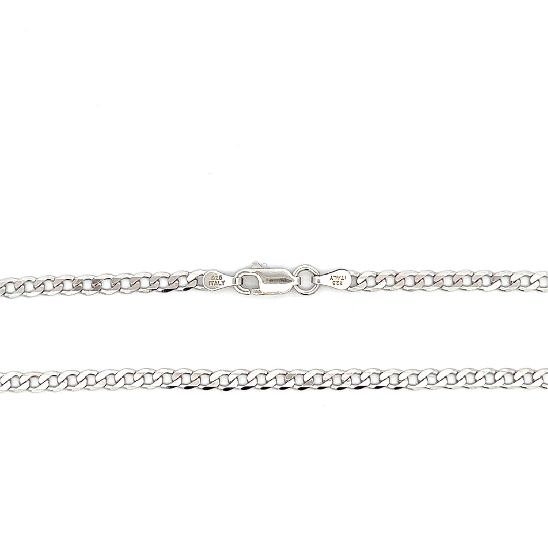Close-up of 3.1mm wide sterling silver curb chain with antiqued rhodium plating and a lobster clasp.