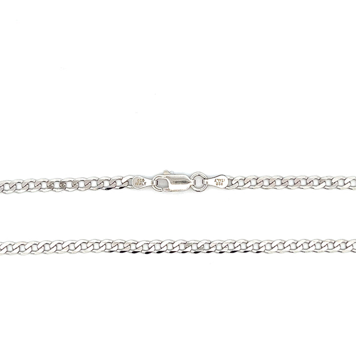 Close-up of 3.1mm wide sterling silver curb chain with antiqued rhodium plating and a lobster clasp.