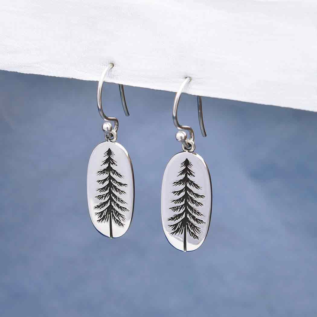 Sterling Silver Oval Pine Tree Dangle Earrings