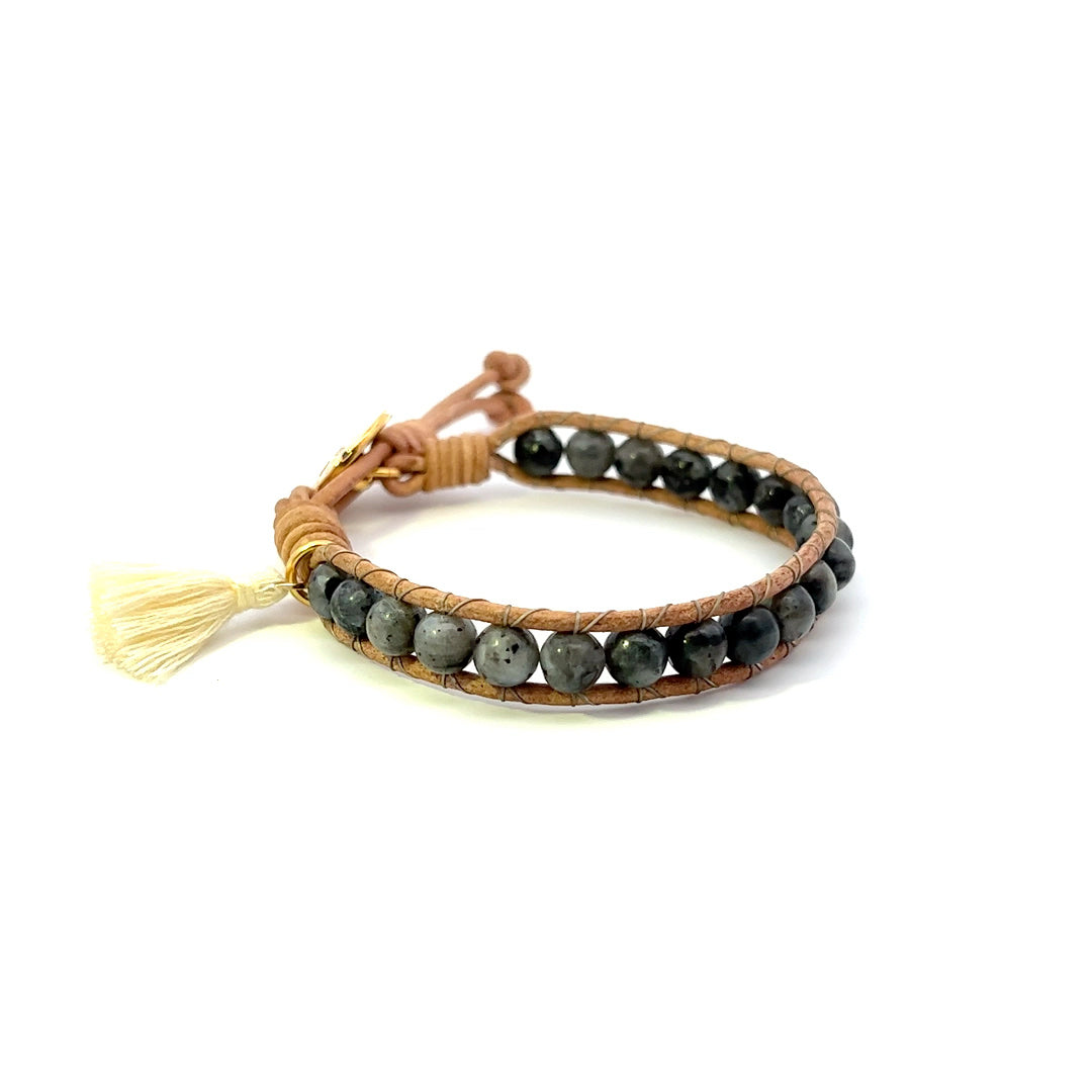 Larvikite Leather Wrap Bracelet