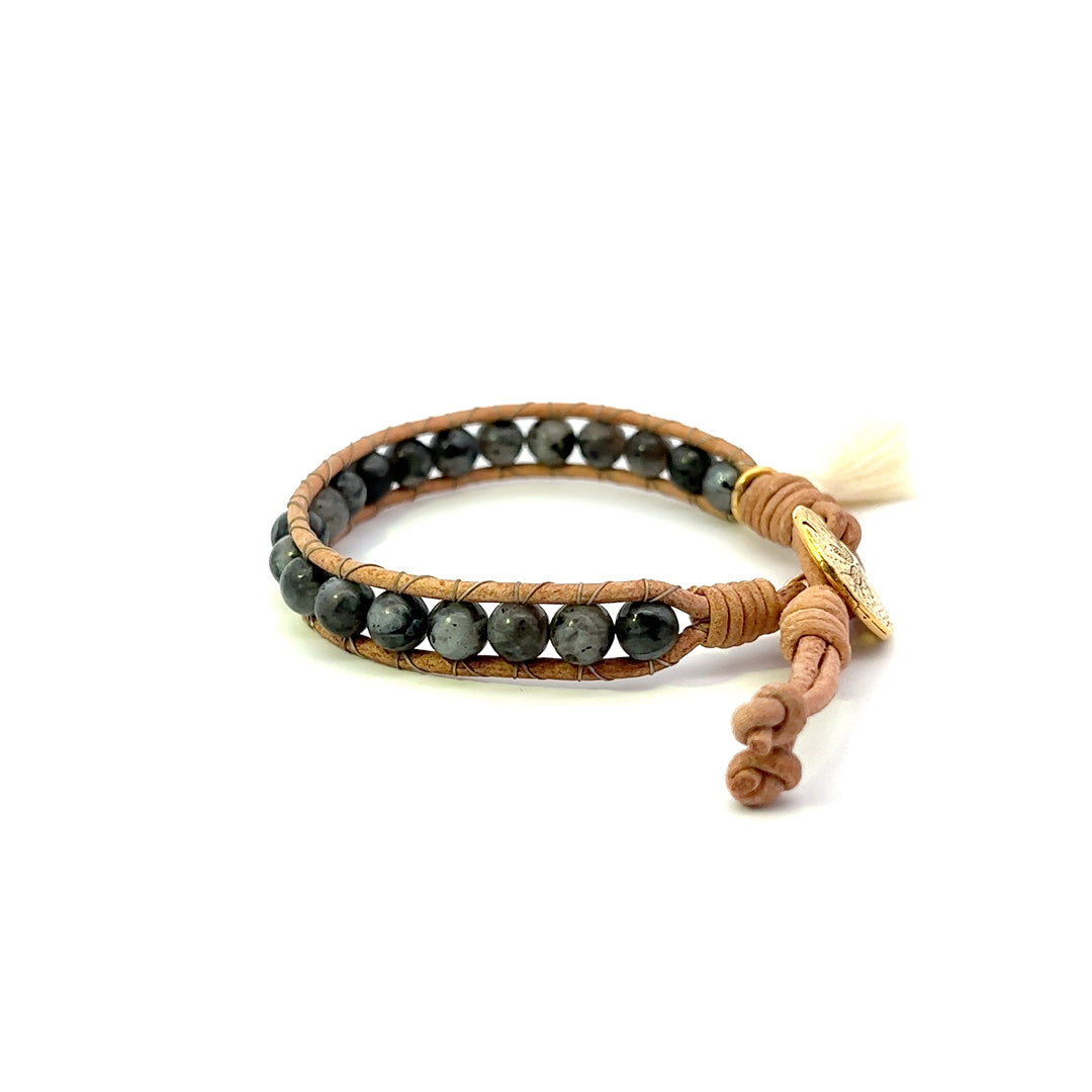 Larvikite Leather Wrap Bracelet