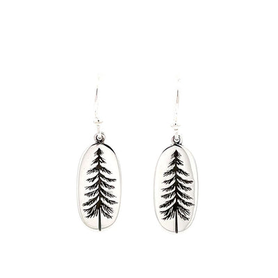 Sterling Silver Oval Pine Tree Dangle Earrings