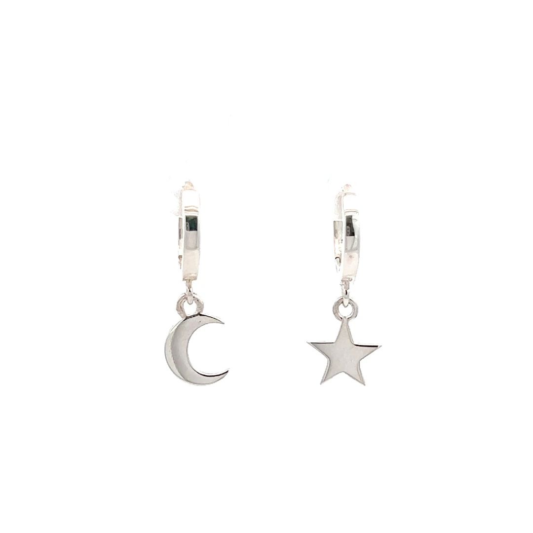 Sterling Silver Star and Moon Huggie Hoop Earrings